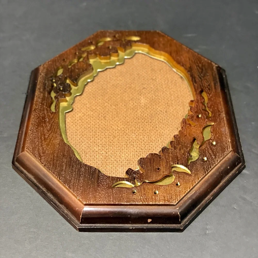 Vintage Octagonal Faux Wood Picture Frame Gold Floral Filigree 8x6.5